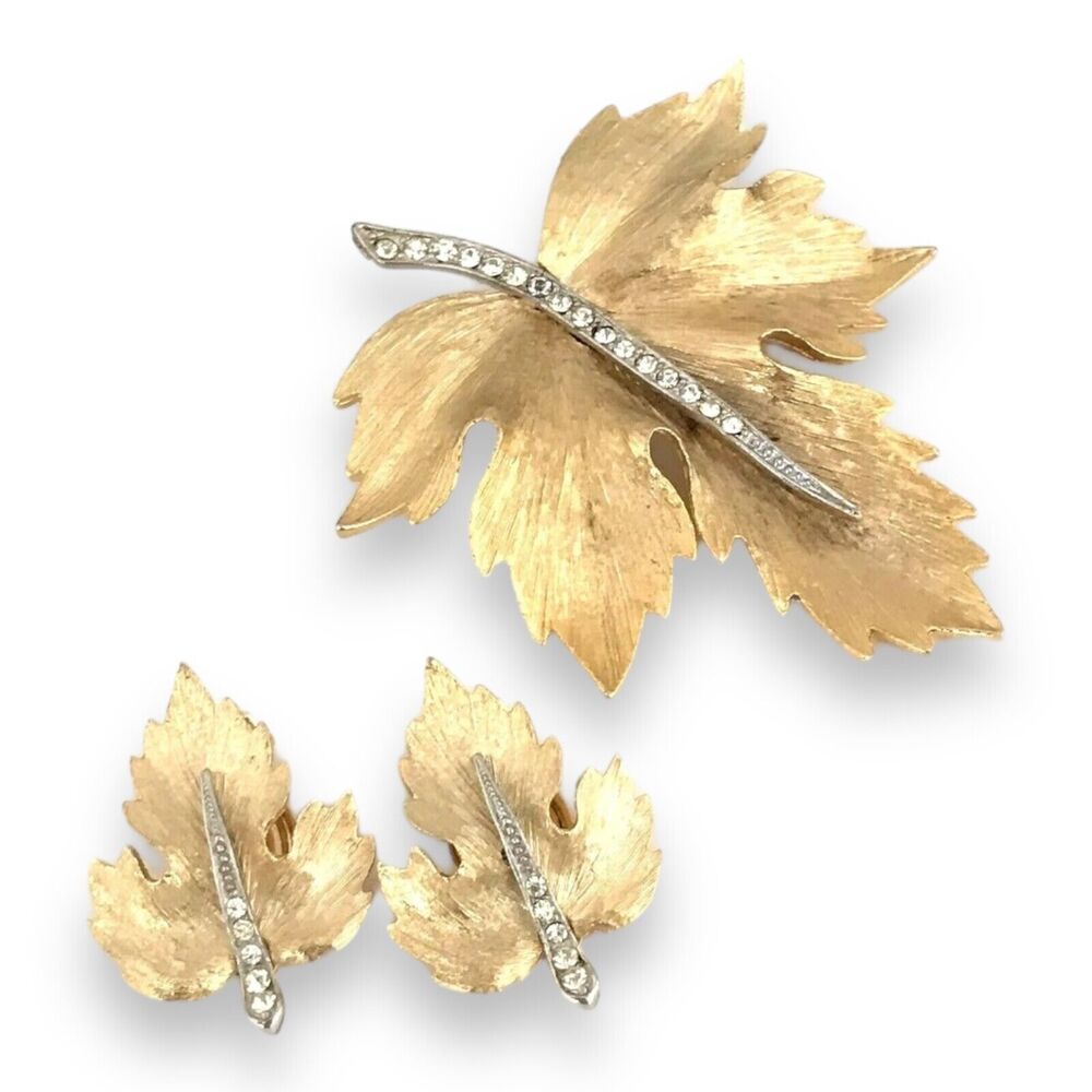 Vintage 1960s Leaf Brooch Earring Set Gold Tone Rhinestone Mid Century - 4U